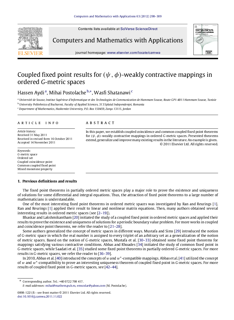 Coupled fixed point results for (ψ,ϕ)(ψ,ϕ)-weakly contractive mappings in ordered GG-metric spaces