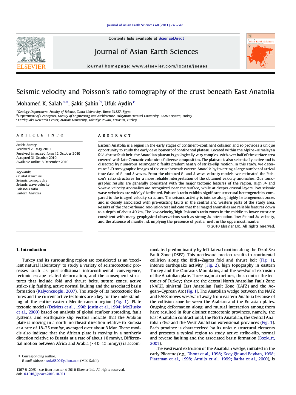 Seismic velocity and Poisson’s ratio tomography of the crust beneath East Anatolia