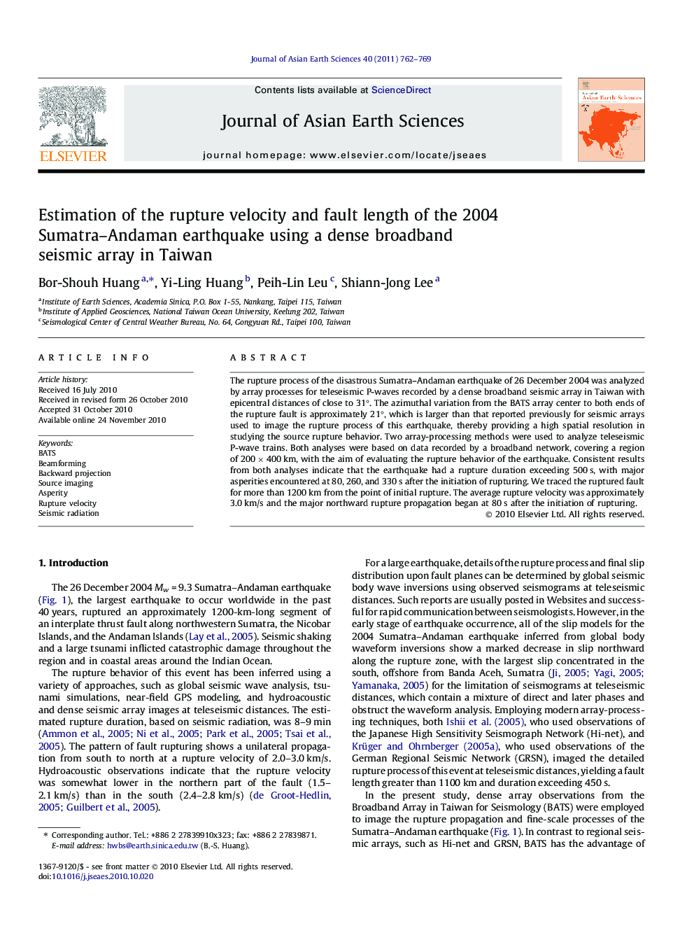 Estimation of the rupture velocity and fault length of the 2004 Sumatra–Andaman earthquake using a dense broadband seismic array in Taiwan