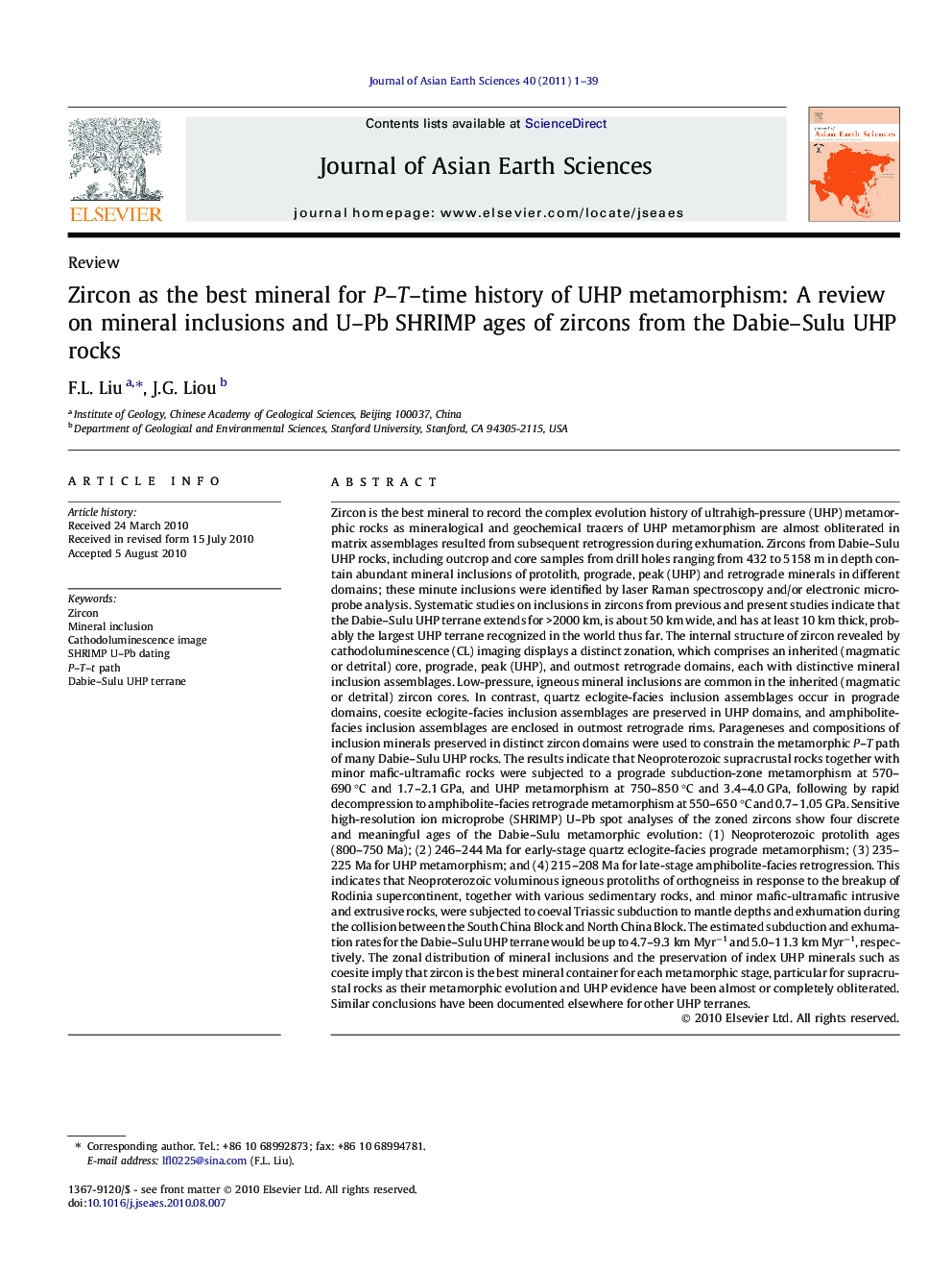 Zircon as the best mineral for P–T–time history of UHP metamorphism: A review on mineral inclusions and U–Pb SHRIMP ages of zircons from the Dabie–Sulu UHP rocks