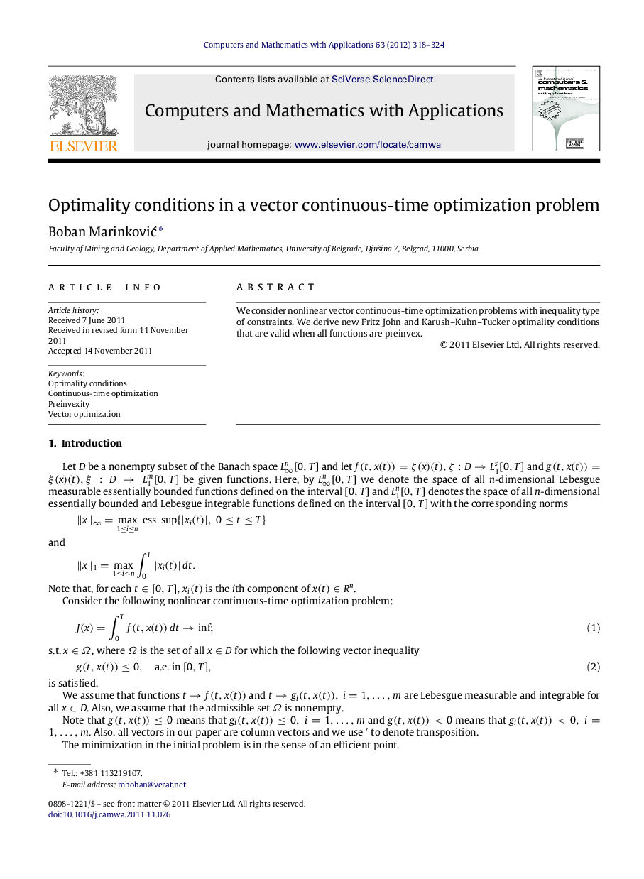 Optimality conditions in a vector continuous-time optimization problem