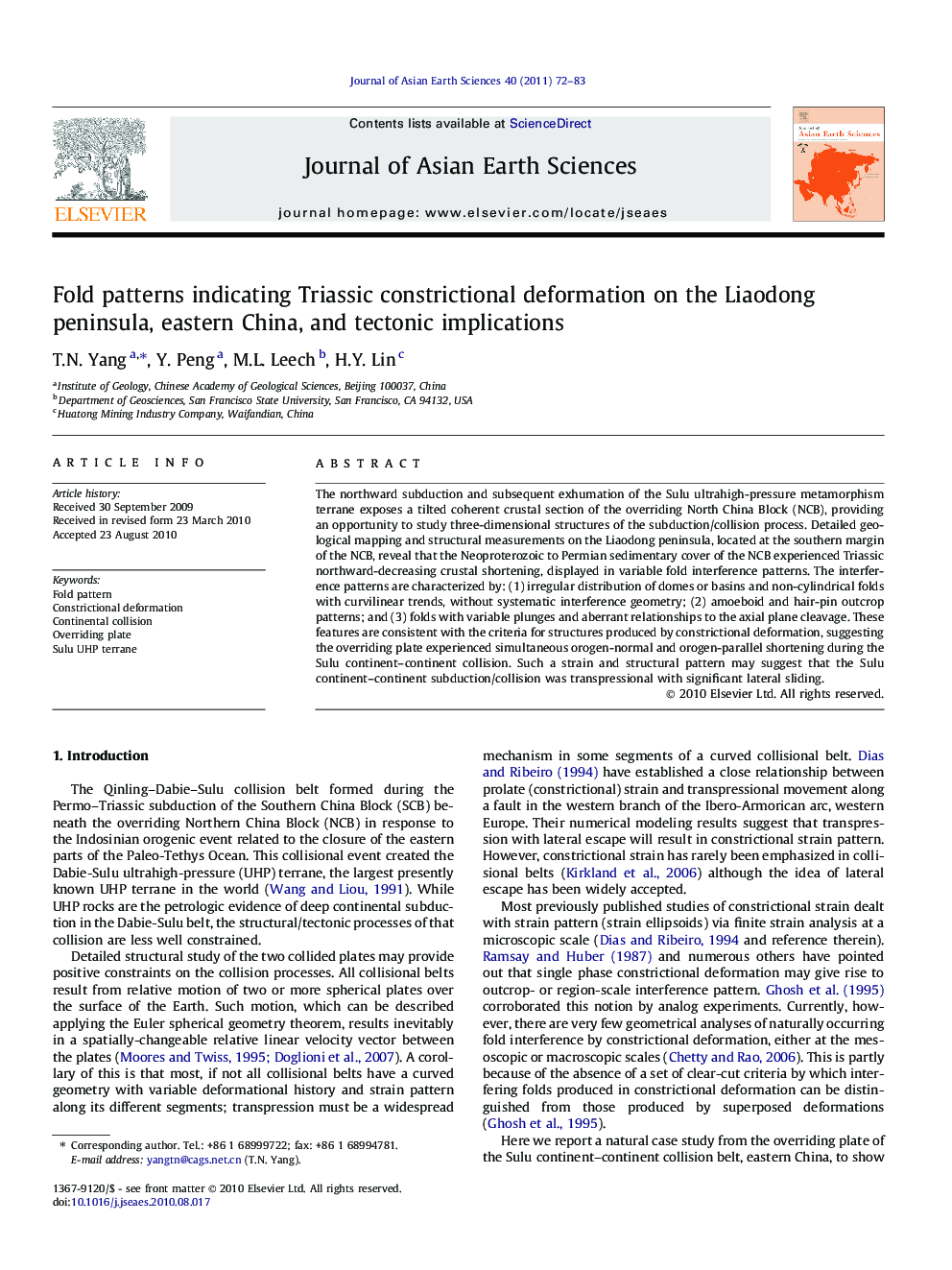 Fold patterns indicating Triassic constrictional deformation on the Liaodong peninsula, eastern China, and tectonic implications