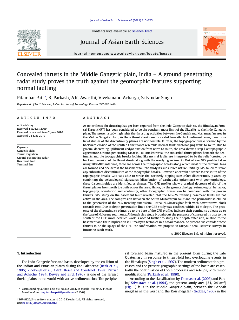 عکس صفحه اول مقاله: Concealed thrusts in the Middle Gangetic plain, India – A ground penetrating radar study proves the truth against the geomorphic features supporting normal faulting Concealed thrusts in the Middle Gangetic plain, India – A ground penetrating radar study proves the truth against the geomorphic features supporting normal faulting