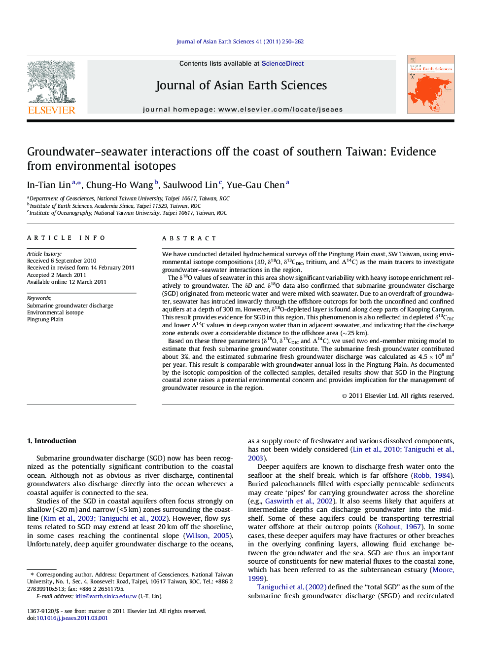 Groundwater–seawater interactions off the coast of southern Taiwan: Evidence from environmental isotopes