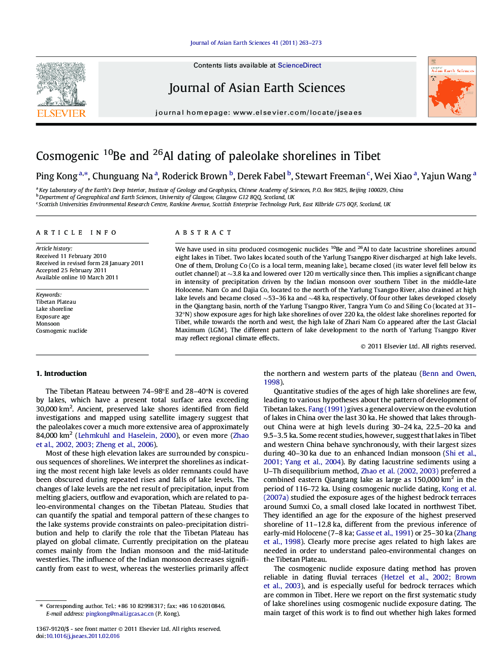 Cosmogenic 10Be and 26Al dating of paleolake shorelines in Tibet