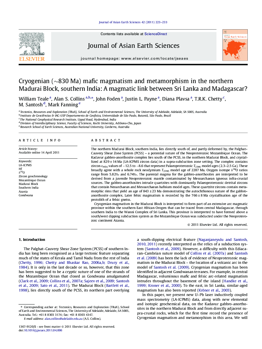 Cryogenian (∼830 Ma) mafic magmatism and metamorphism in the northern Madurai Block, southern India: A magmatic link between Sri Lanka and Madagascar?