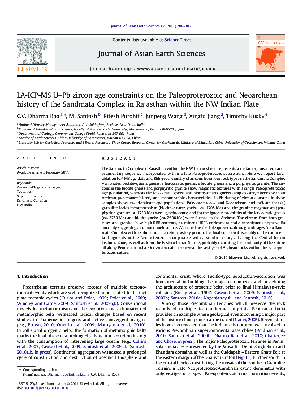 LA-ICP-MS U–Pb zircon age constraints on the Paleoproterozoic and Neoarchean history of the Sandmata Complex in Rajasthan within the NW Indian Plate