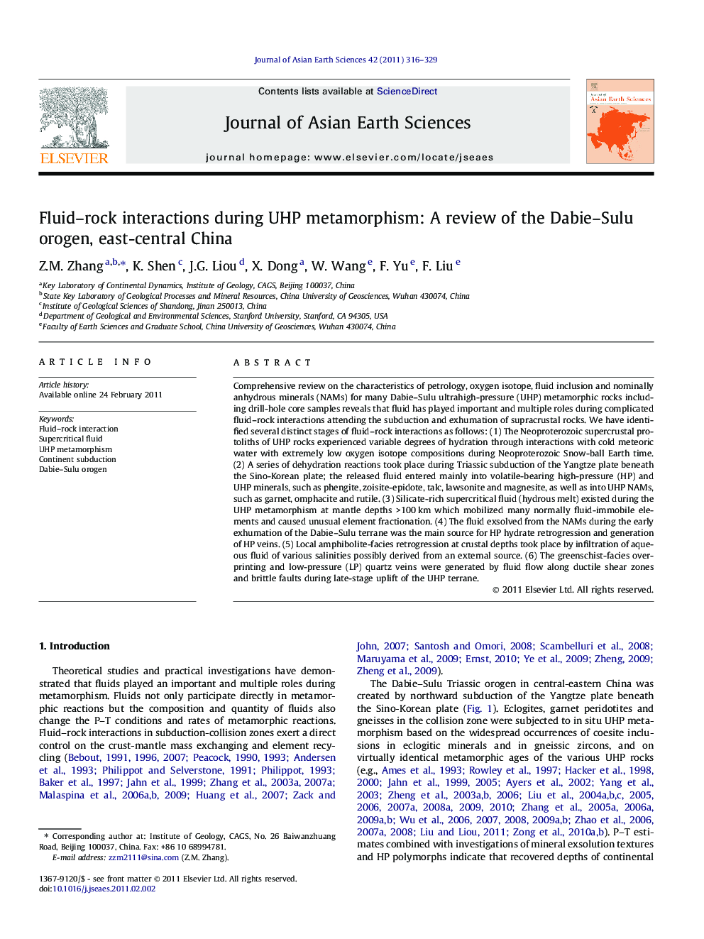 عکس صفحه اول مقاله: Fluid–rock interactions during UHP metamorphism: A review of the Dabie–Sulu orogen, east-central China Fluid–rock interactions during UHP metamorphism: A review of the Dabie–Sulu orogen, east-central China