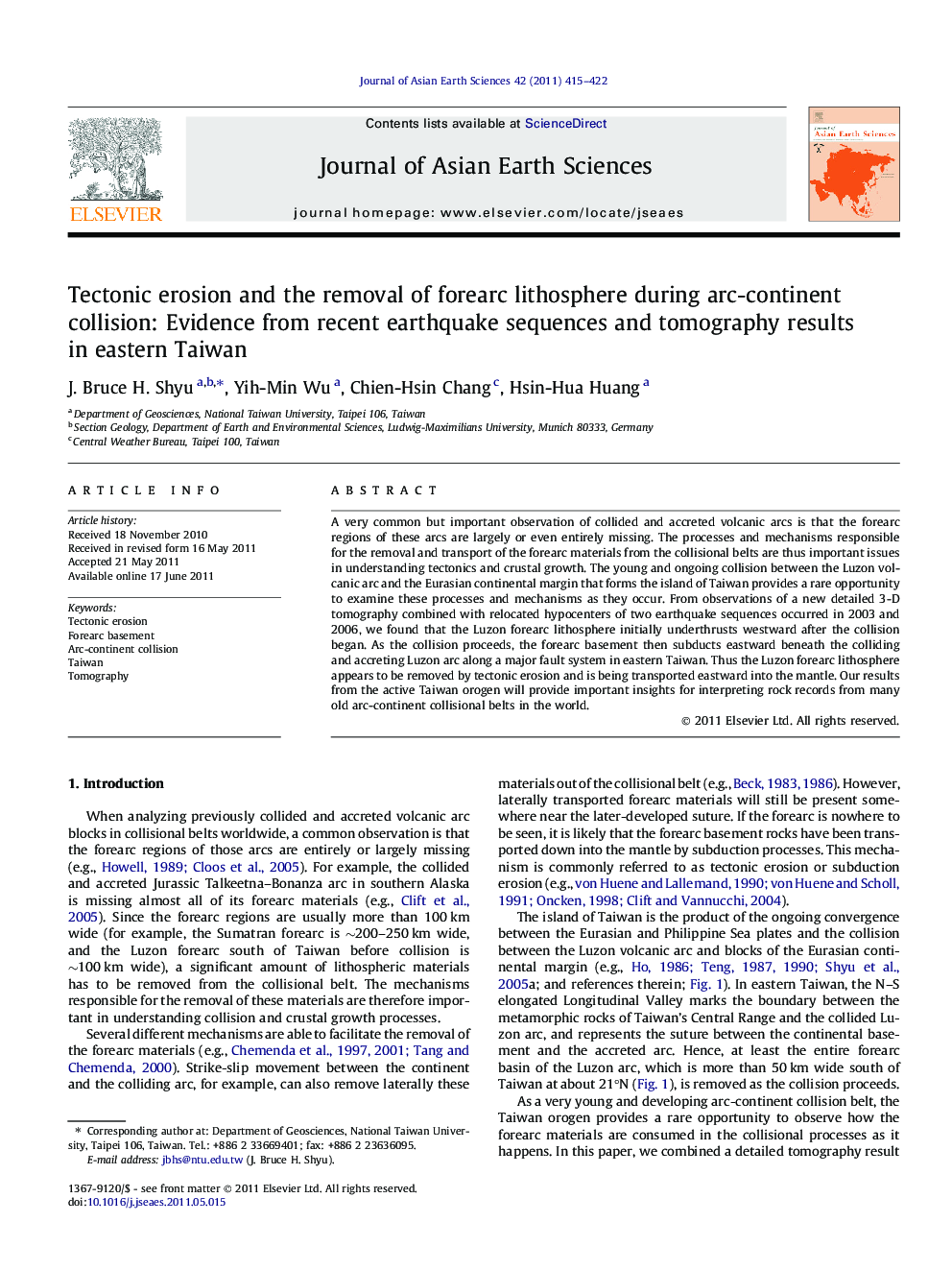 Tectonic erosion and the removal of forearc lithosphere during arc-continent collision: Evidence from recent earthquake sequences and tomography results in eastern Taiwan