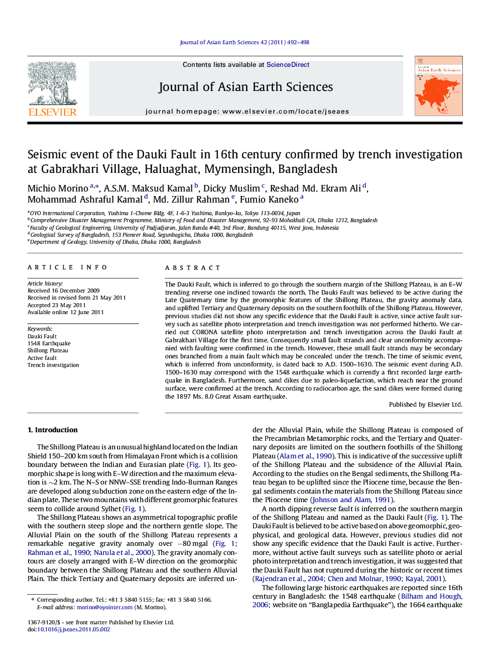 Seismic event of the Dauki Fault in 16th century confirmed by trench investigation at Gabrakhari Village, Haluaghat, Mymensingh, Bangladesh