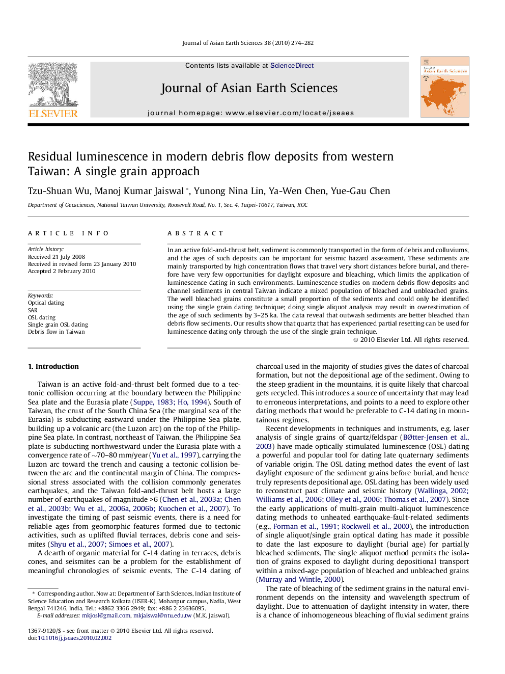 Residual luminescence in modern debris flow deposits from western Taiwan: A single grain approach