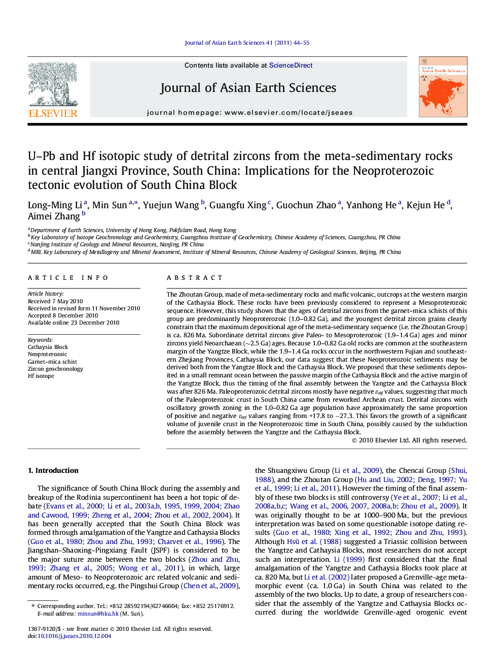 U–Pb and Hf isotopic study of detrital zircons from the meta-sedimentary rocks in central Jiangxi Province, South China: Implications for the Neoproterozoic tectonic evolution of South China Block