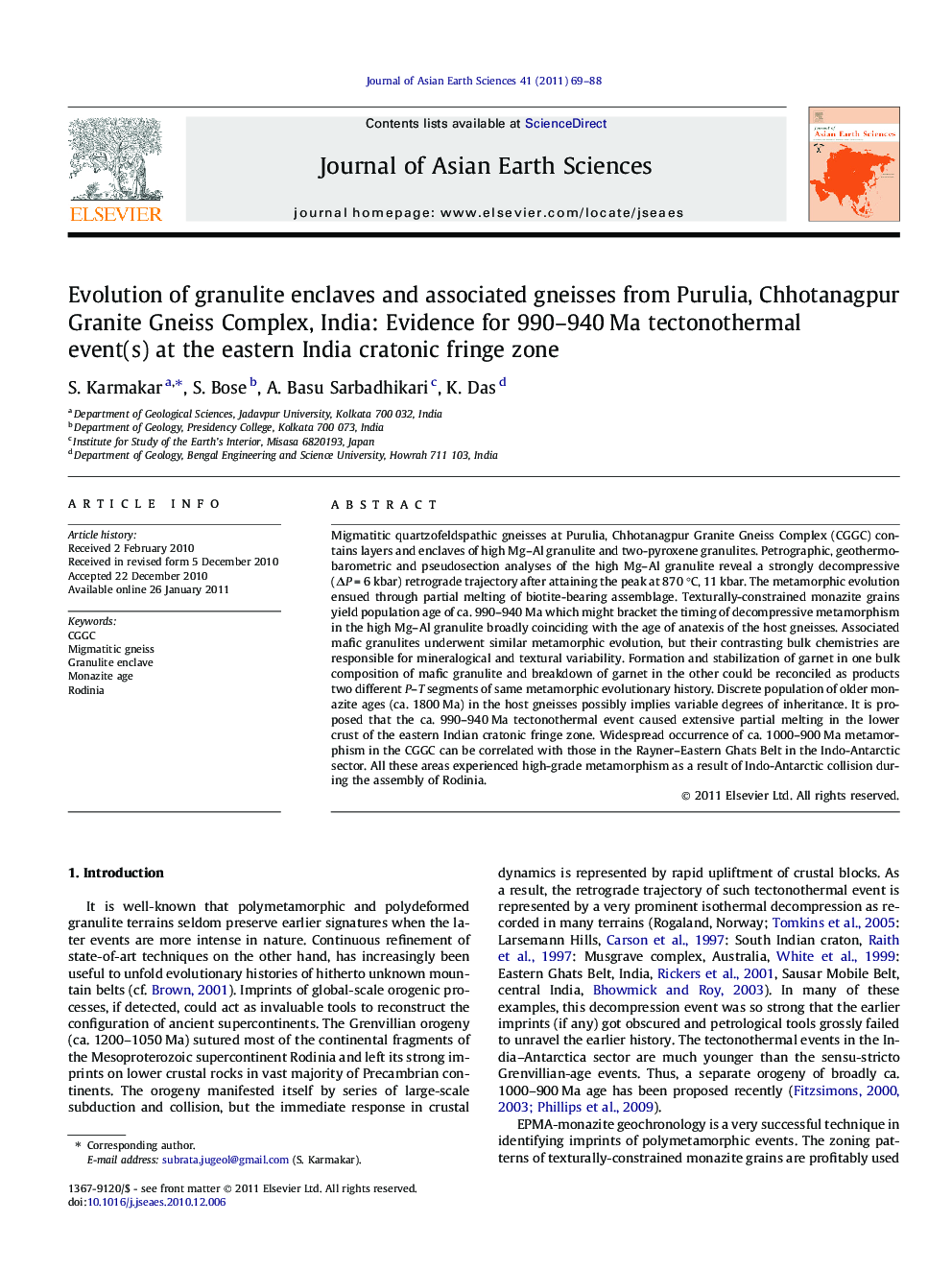 Evolution of granulite enclaves and associated gneisses from Purulia, Chhotanagpur Granite Gneiss Complex, India: Evidence for 990–940 Ma tectonothermal event(s) at the eastern India cratonic fringe zone