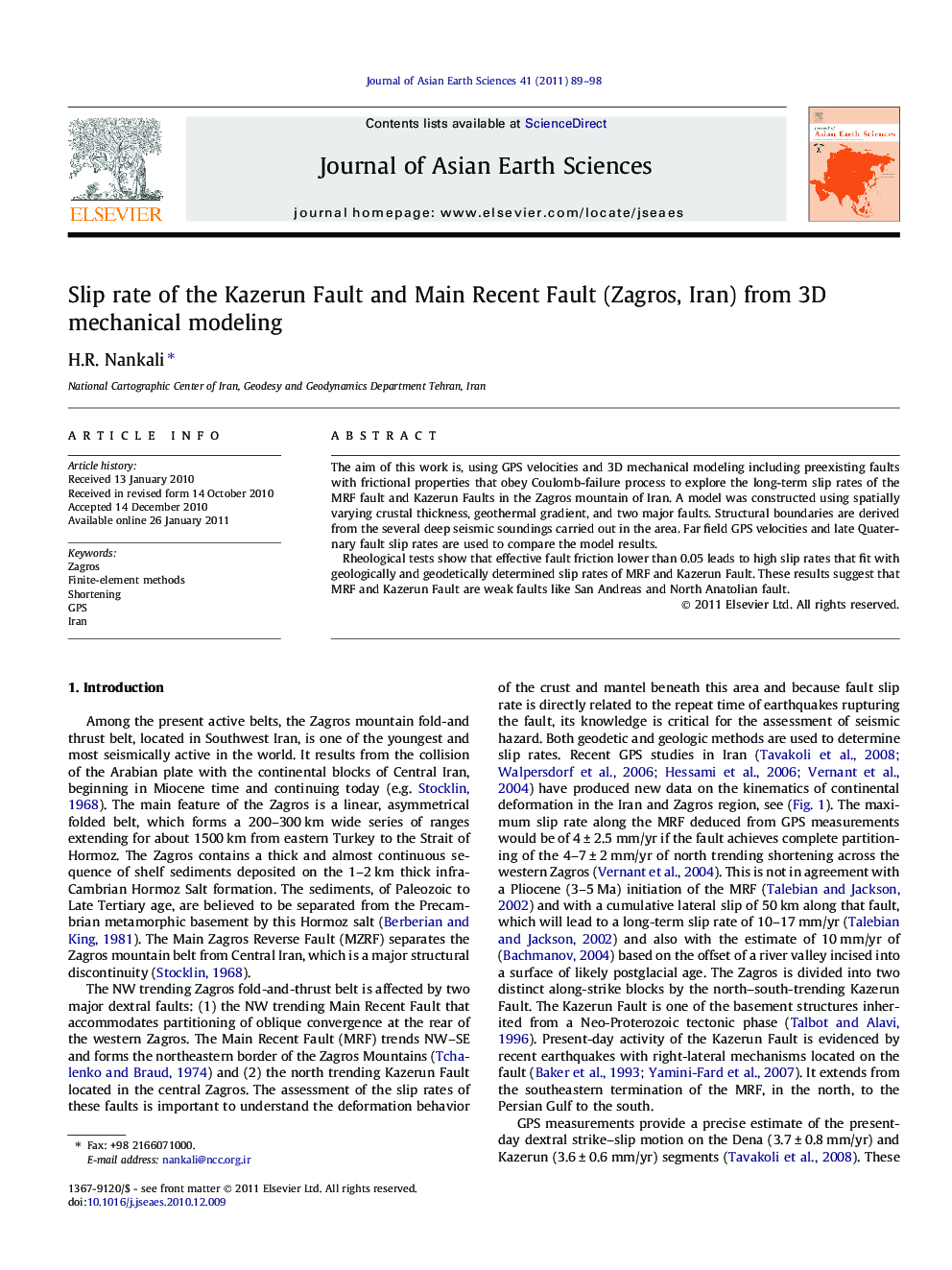 Slip rate of the Kazerun Fault and Main Recent Fault (Zagros, Iran) from 3D mechanical modeling