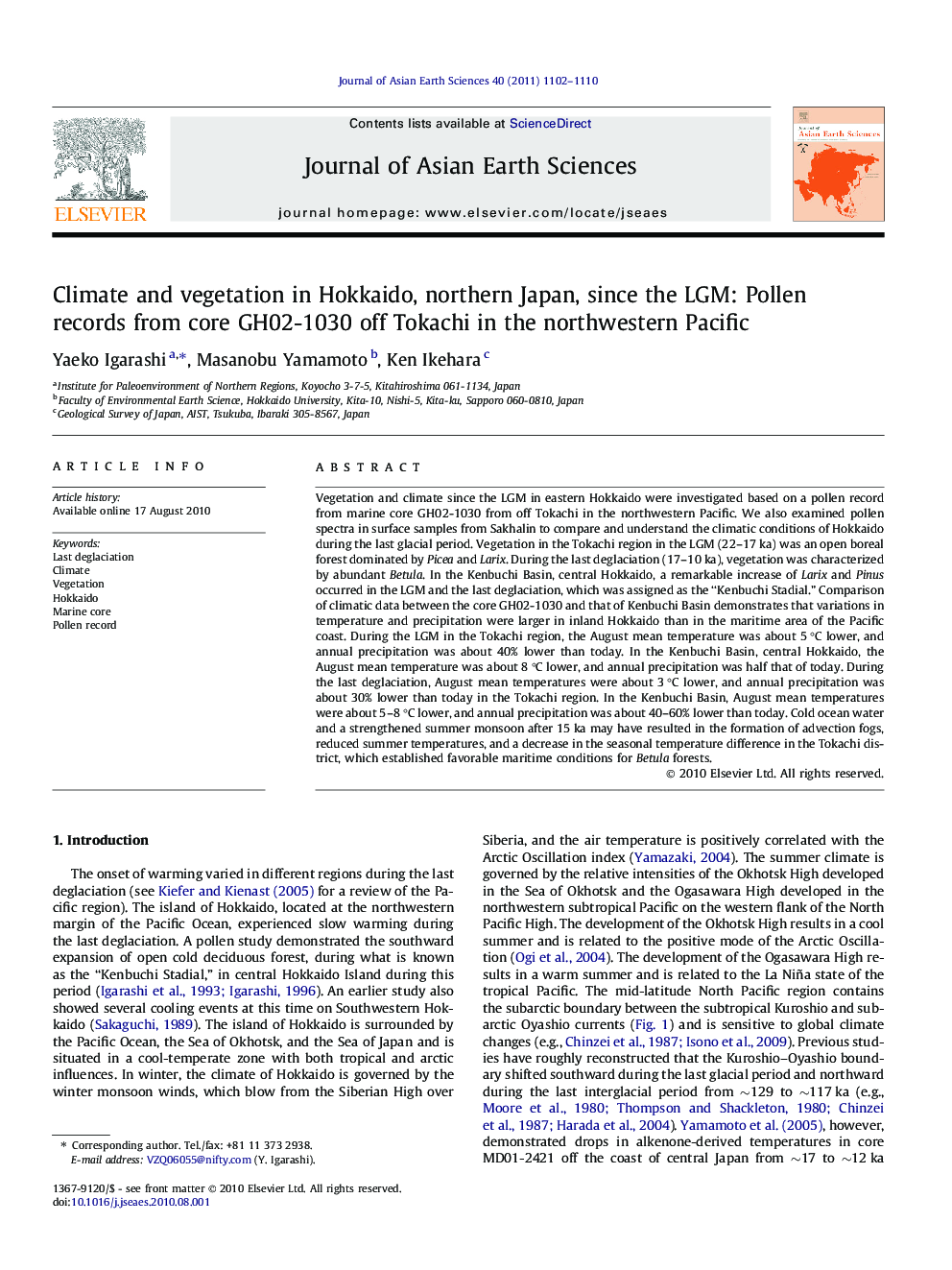 Climate and vegetation in Hokkaido, northern Japan, since the LGM: Pollen records from core GH02-1030 off Tokachi in the northwestern Pacific