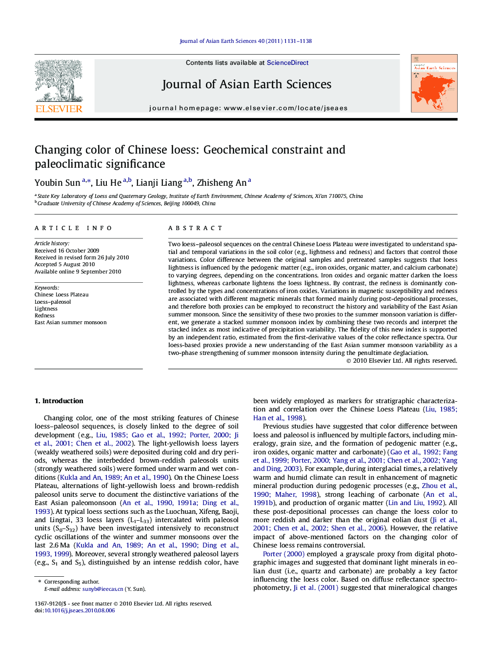 Changing color of Chinese loess: Geochemical constraint and paleoclimatic significance