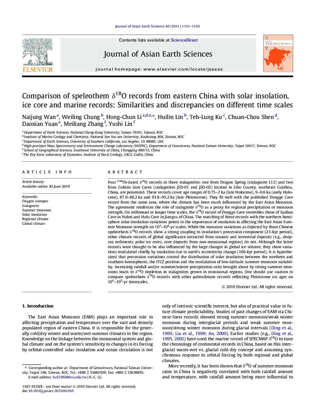 عکس صفحه اول مقاله: Comparison of speleothem δ18O records from eastern China with solar insolation, ice core and marine records: Similarities and discrepancies on different time scales Comparison of speleothem δ18O records from eastern China with solar insolation, ice core and marine records: Similarities and discrepancies on different time scales