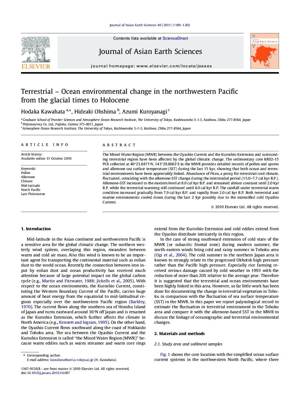 Terrestrial – Ocean environmental change in the northwestern Pacific from the glacial times to Holocene