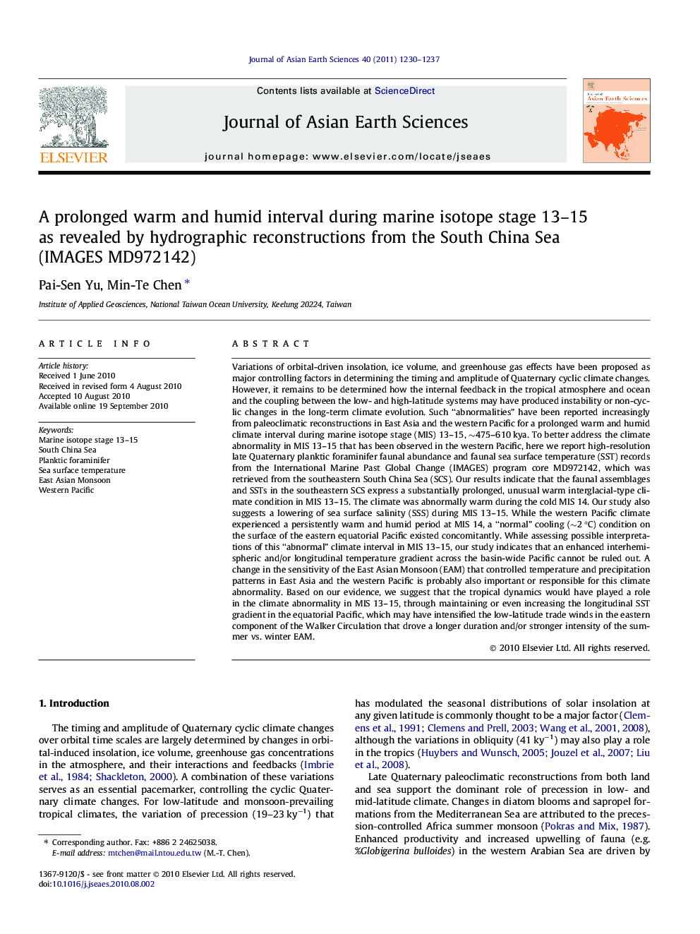 A prolonged warm and humid interval during marine isotope stage 13–15 as revealed by hydrographic reconstructions from the South China Sea (IMAGES MD972142)