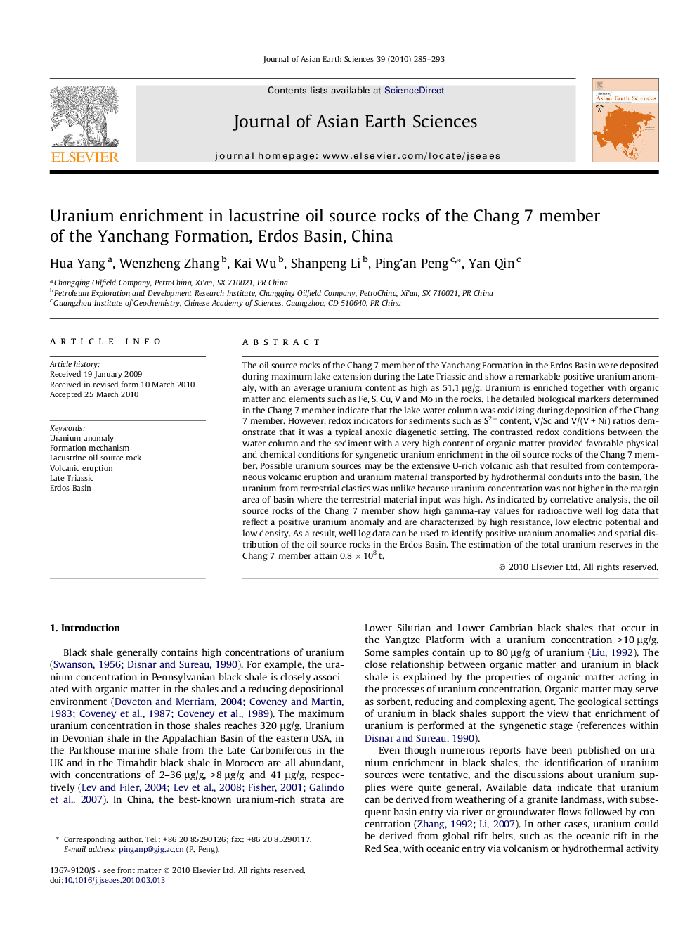 Uranium enrichment in lacustrine oil source rocks of the Chang 7 member of the Yanchang Formation, Erdos Basin, China