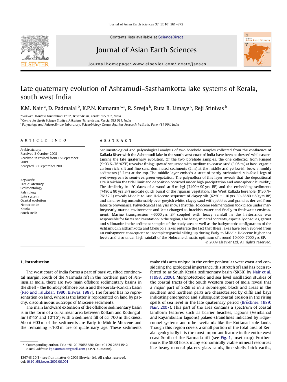 Late quaternary evolution of Ashtamudi–Sasthamkotta lake systems of Kerala, south west India