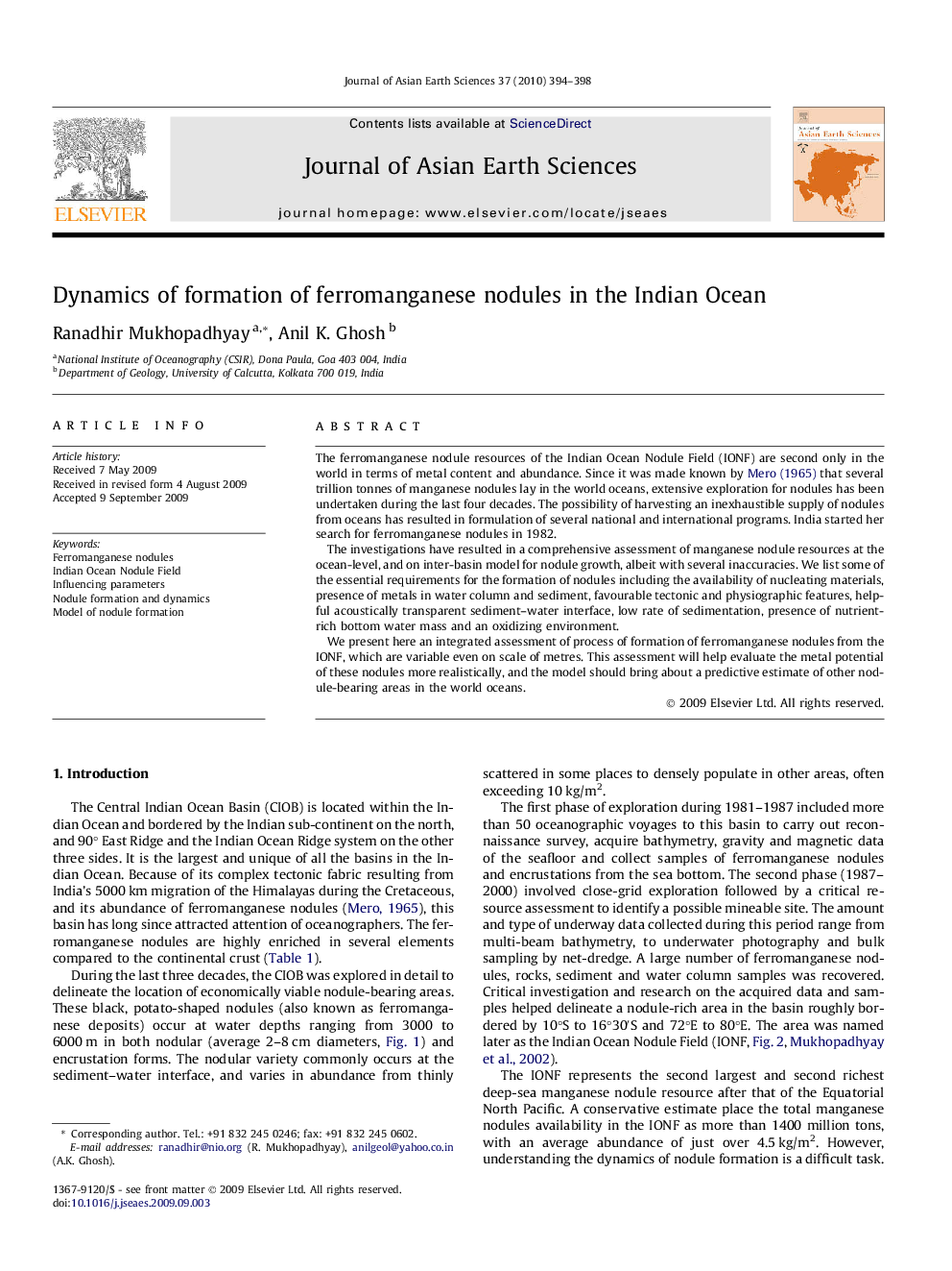 Dynamics of formation of ferromanganese nodules in the Indian Ocean