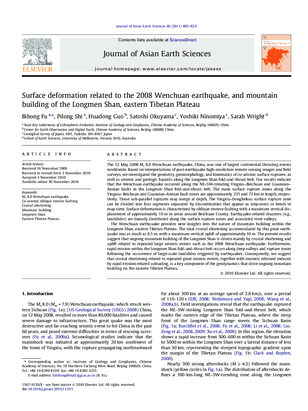 Surface deformation related to the 2008 Wenchuan earthquake, and mountain building of the Longmen Shan, eastern Tibetan Plateau