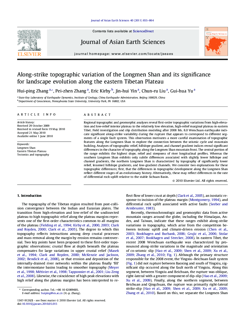 Along-strike topographic variation of the Longmen Shan and its significance for landscape evolution along the eastern Tibetan Plateau