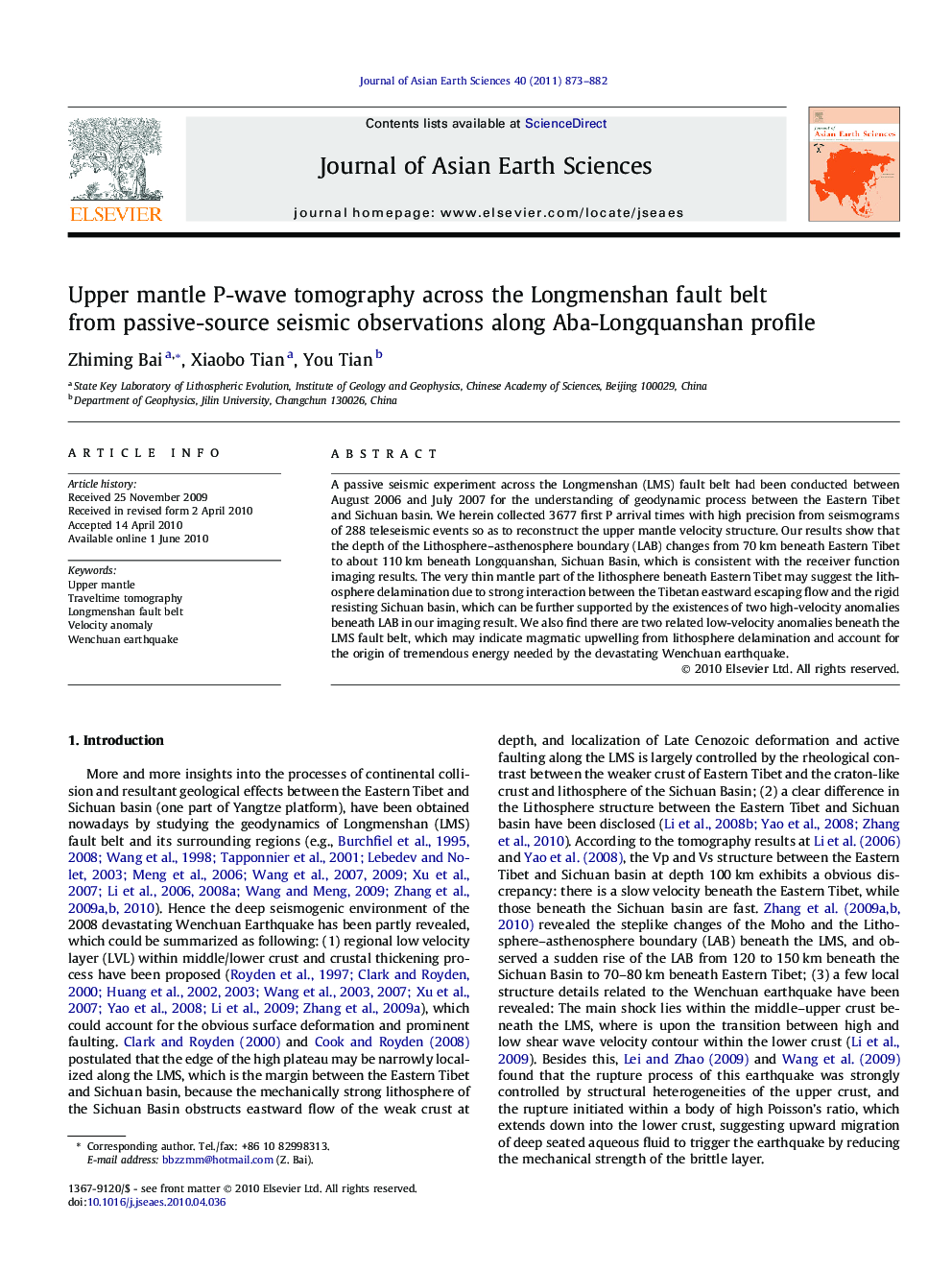 Upper mantle P-wave tomography across the Longmenshan fault belt from passive-source seismic observations along Aba-Longquanshan profile