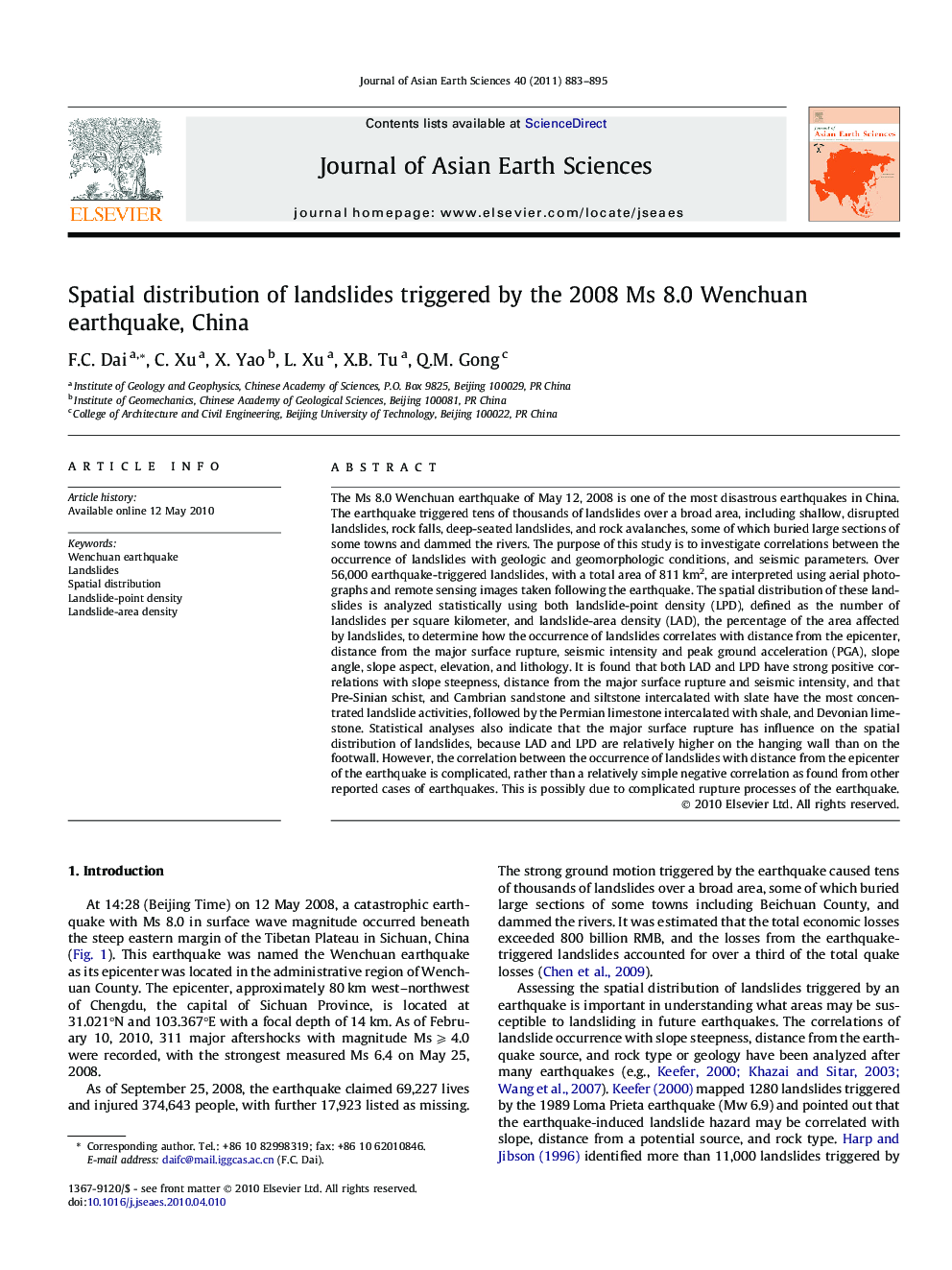 Spatial distribution of landslides triggered by the 2008 Ms 8.0 Wenchuan earthquake, China