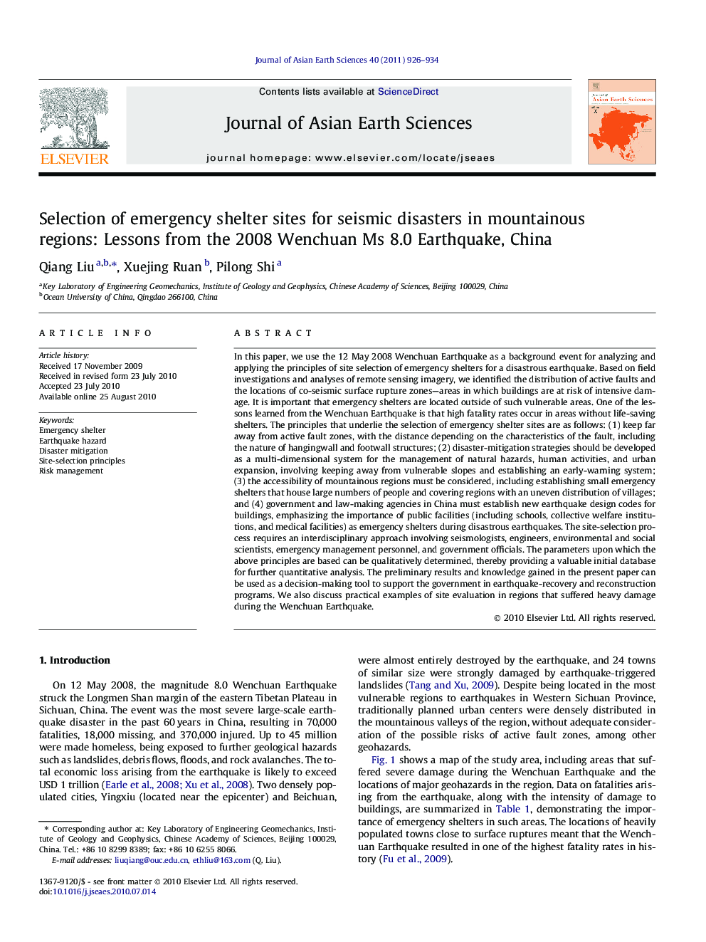 Selection of emergency shelter sites for seismic disasters in mountainous regions: Lessons from the 2008 Wenchuan Ms 8.0 Earthquake, China