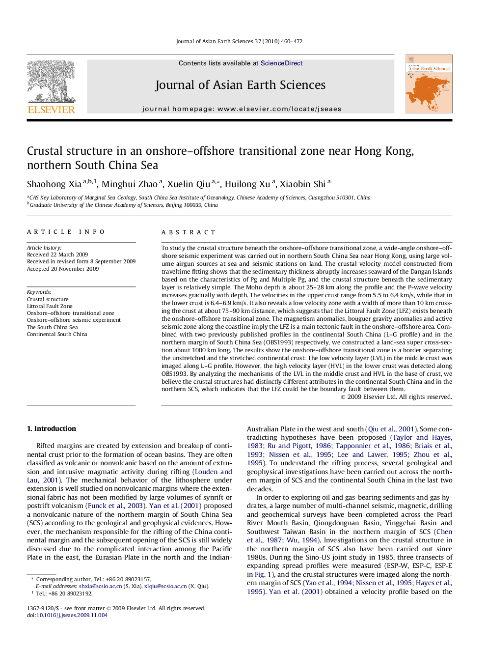 Crustal structure in an onshore–offshore transitional zone near Hong Kong, northern South China Sea