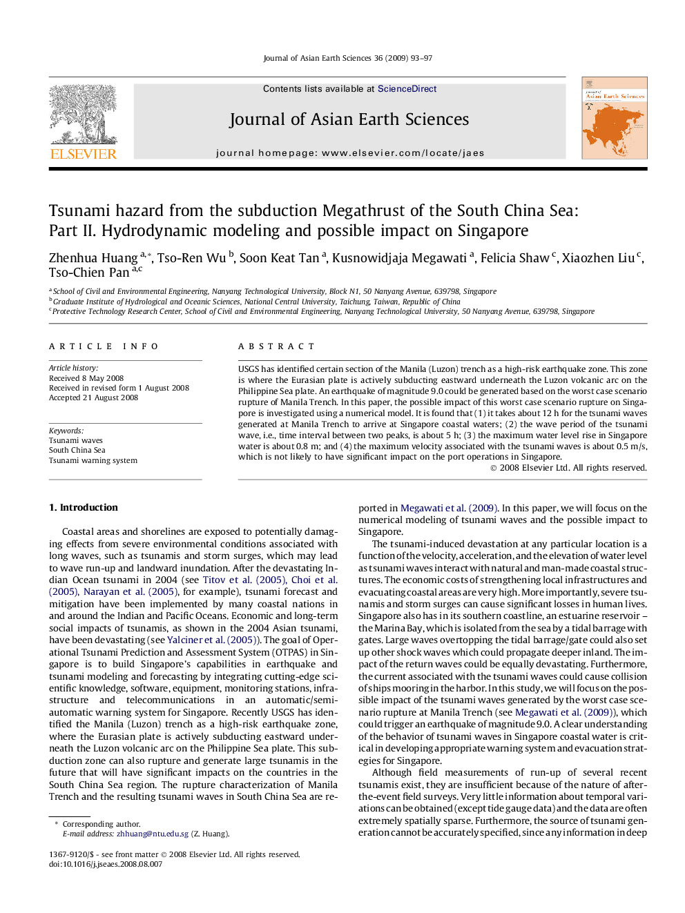 Tsunami hazard from the subduction Megathrust of the South China Sea: Part II. Hydrodynamic modeling and possible impact on Singapore