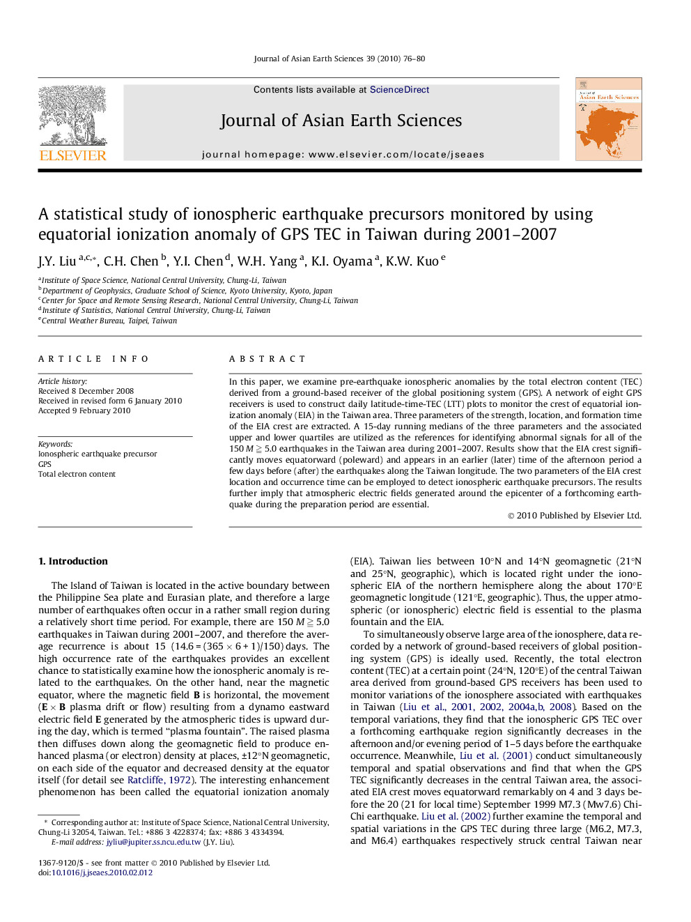 A statistical study of ionospheric earthquake precursors monitored by using equatorial ionization anomaly of GPS TEC in Taiwan during 2001–2007