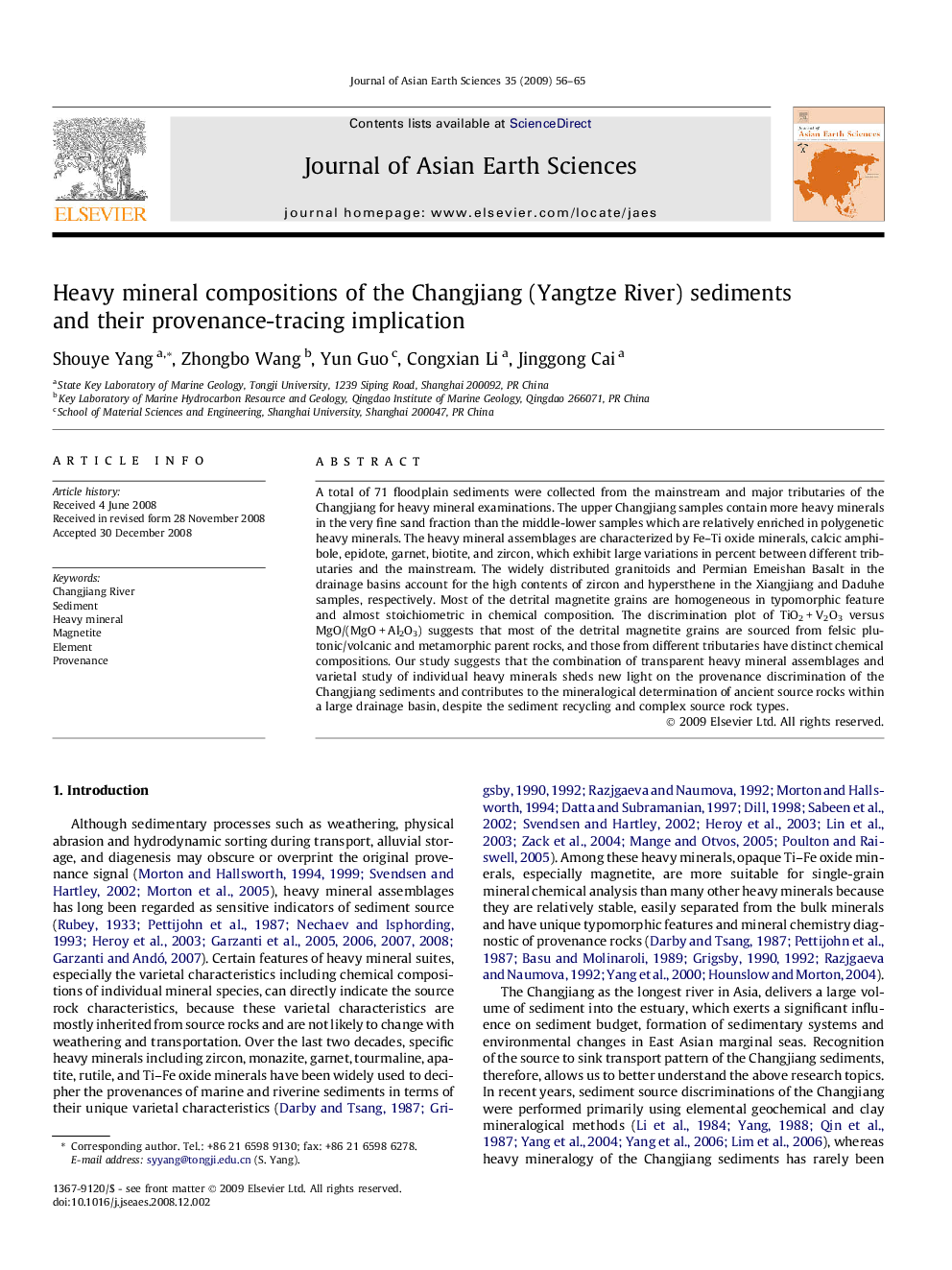 Heavy mineral compositions of the Changjiang (Yangtze River) sediments and their provenance-tracing implication