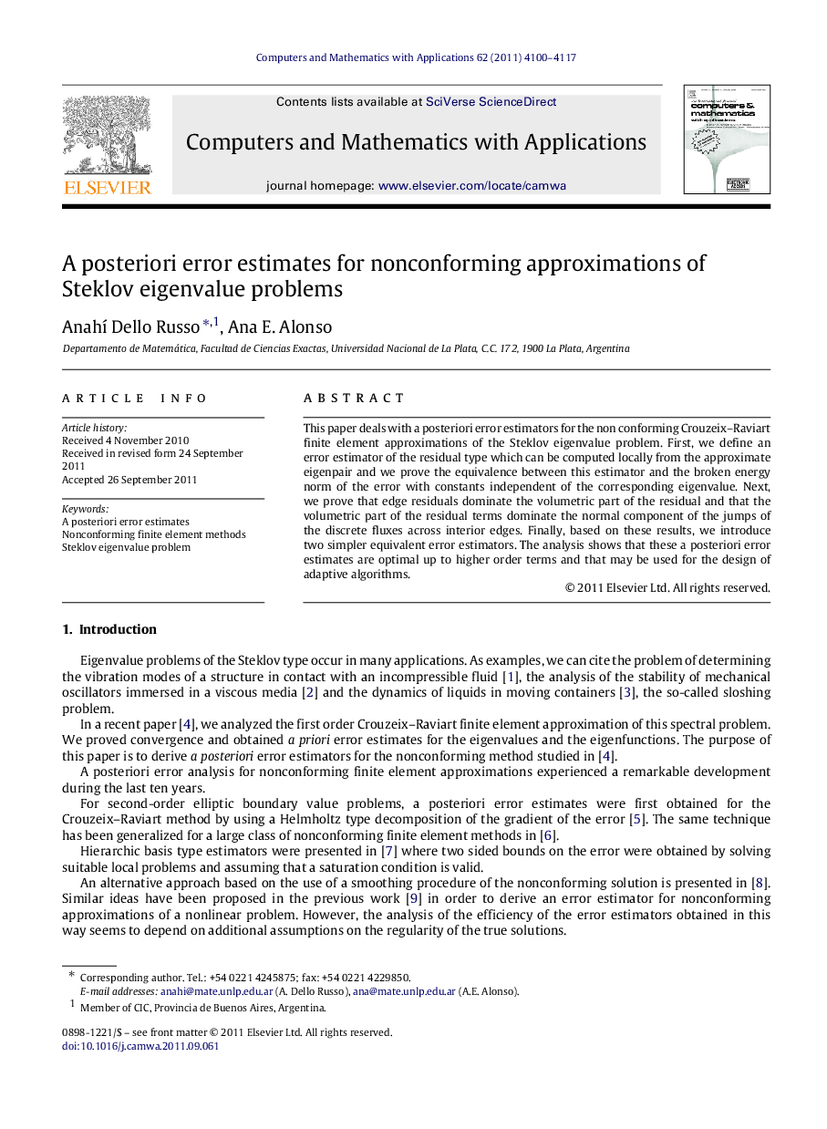 A posteriori error estimates for nonconforming approximations of Steklov eigenvalue problems