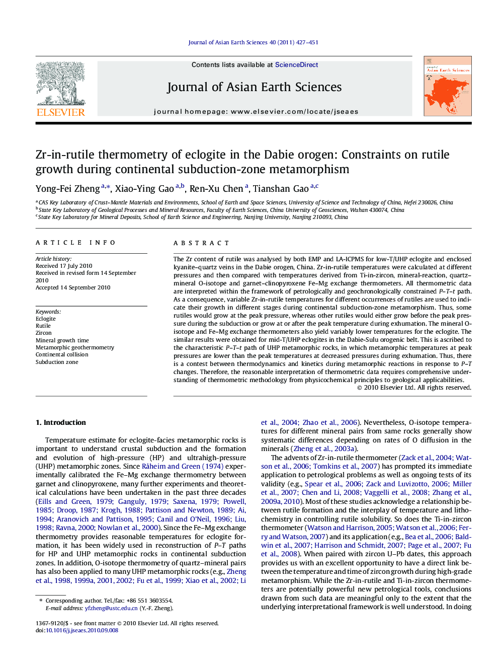 Zr-in-rutile thermometry of eclogite in the Dabie orogen: Constraints on rutile growth during continental subduction-zone metamorphism