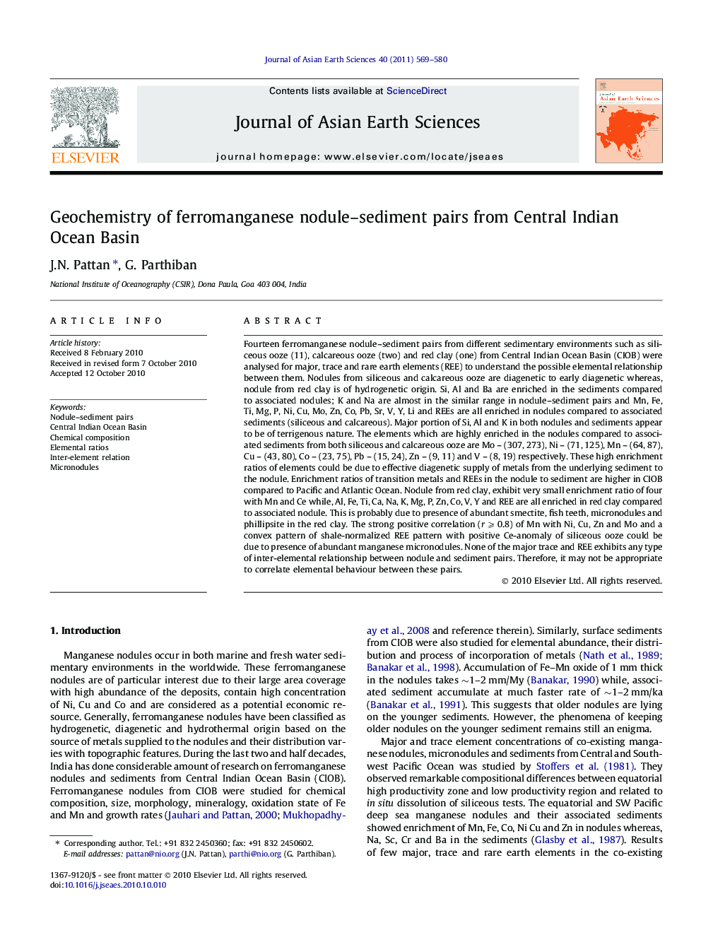 Geochemistry of ferromanganese nodule–sediment pairs from Central Indian Ocean Basin