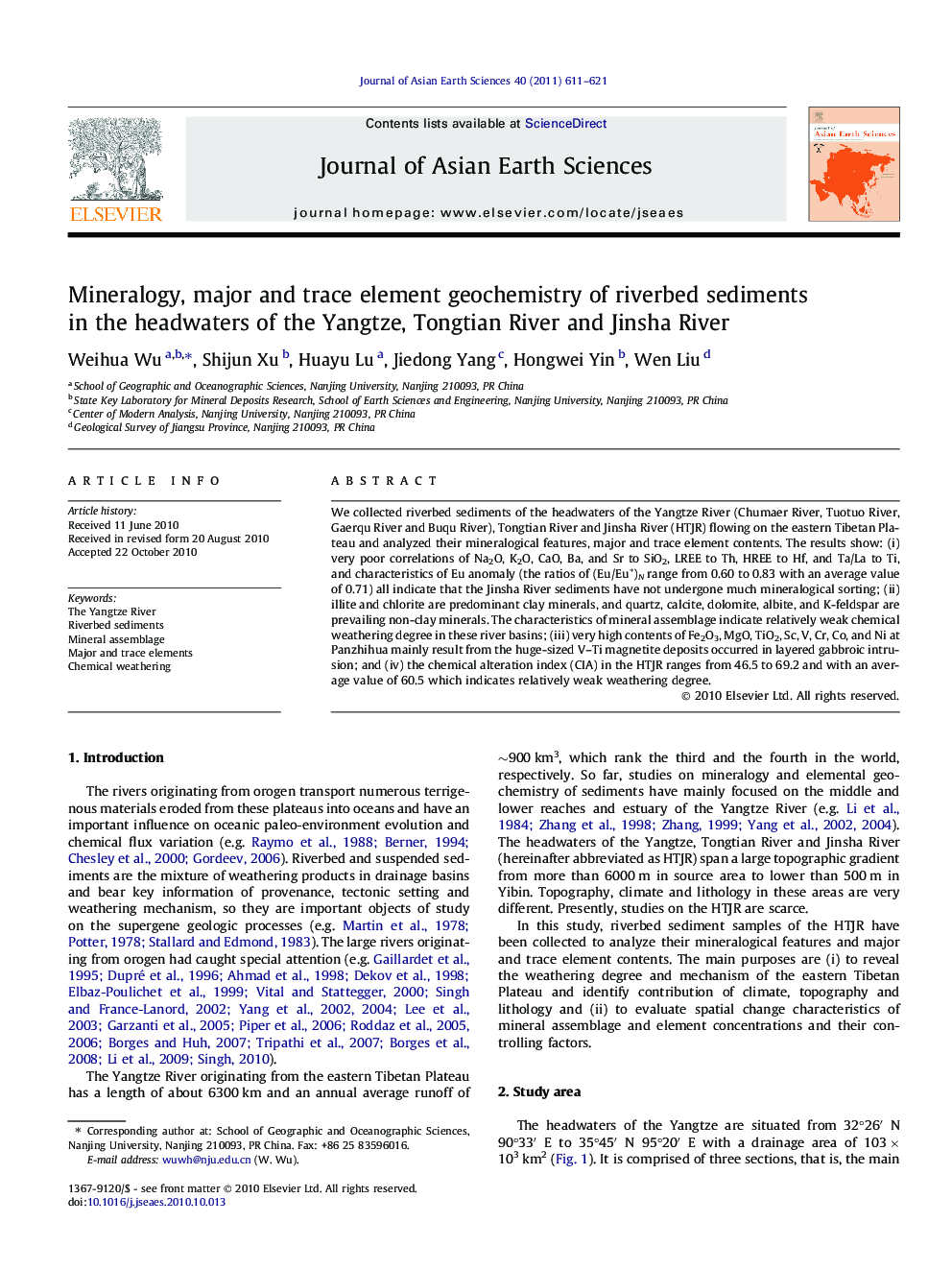 عکس صفحه اول مقاله: Mineralogy, major and trace element geochemistry of riverbed sediments in the headwaters of the Yangtze, Tongtian River and Jinsha River Mineralogy, major and trace element geochemistry of riverbed sediments in the headwaters of the Yangtze, Tongtian River and Jinsha River