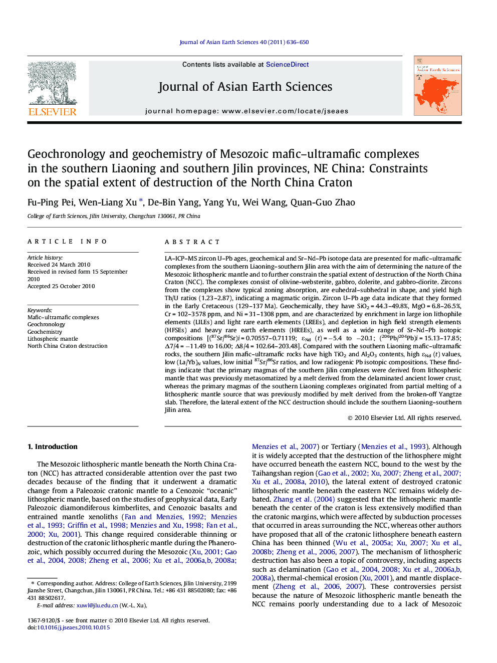 Geochronology and geochemistry of Mesozoic mafic-ultramafic complexes in the southern Liaoning and southern Jilin provinces, NE China: Constraints on the spatial extent of destruction of the North China Craton