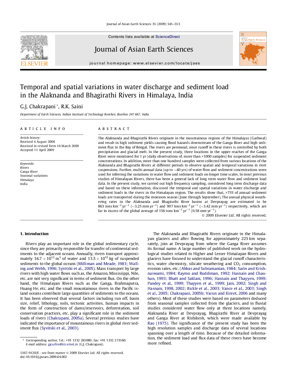 Temporal and spatial variations in water discharge and sediment load in the Alaknanda and Bhagirathi Rivers in Himalaya, India