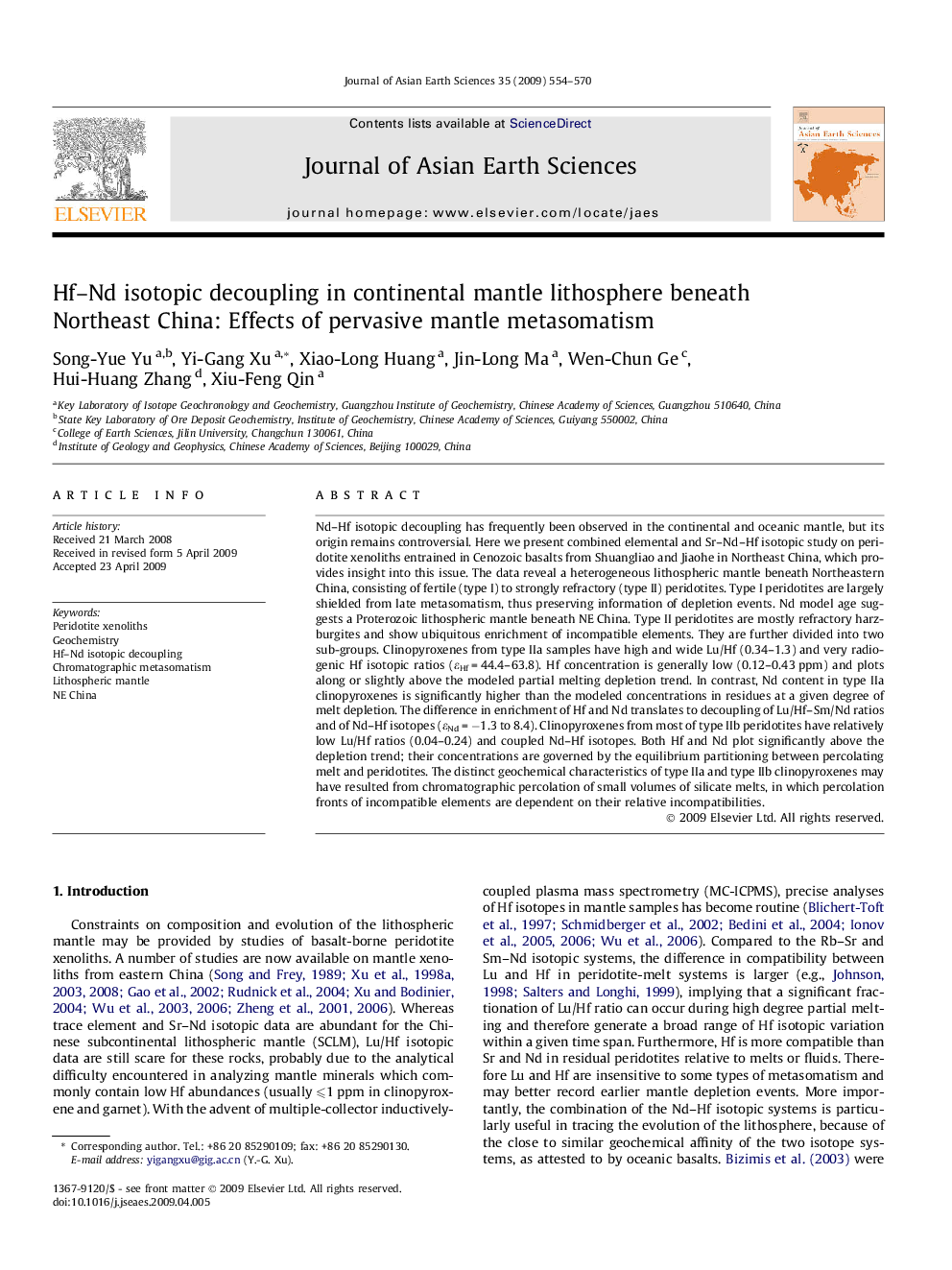 Hf–Nd isotopic decoupling in continental mantle lithosphere beneath Northeast China: Effects of pervasive mantle metasomatism