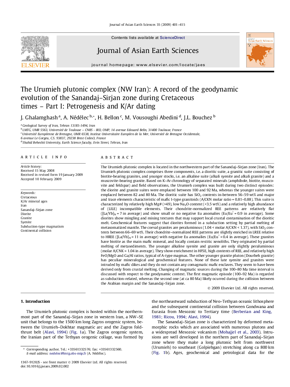 The Urumieh plutonic complex (NW Iran): A record of the geodynamic evolution of the Sanandaj–Sirjan zone during Cretaceous times – Part I: Petrogenesis and K/Ar dating