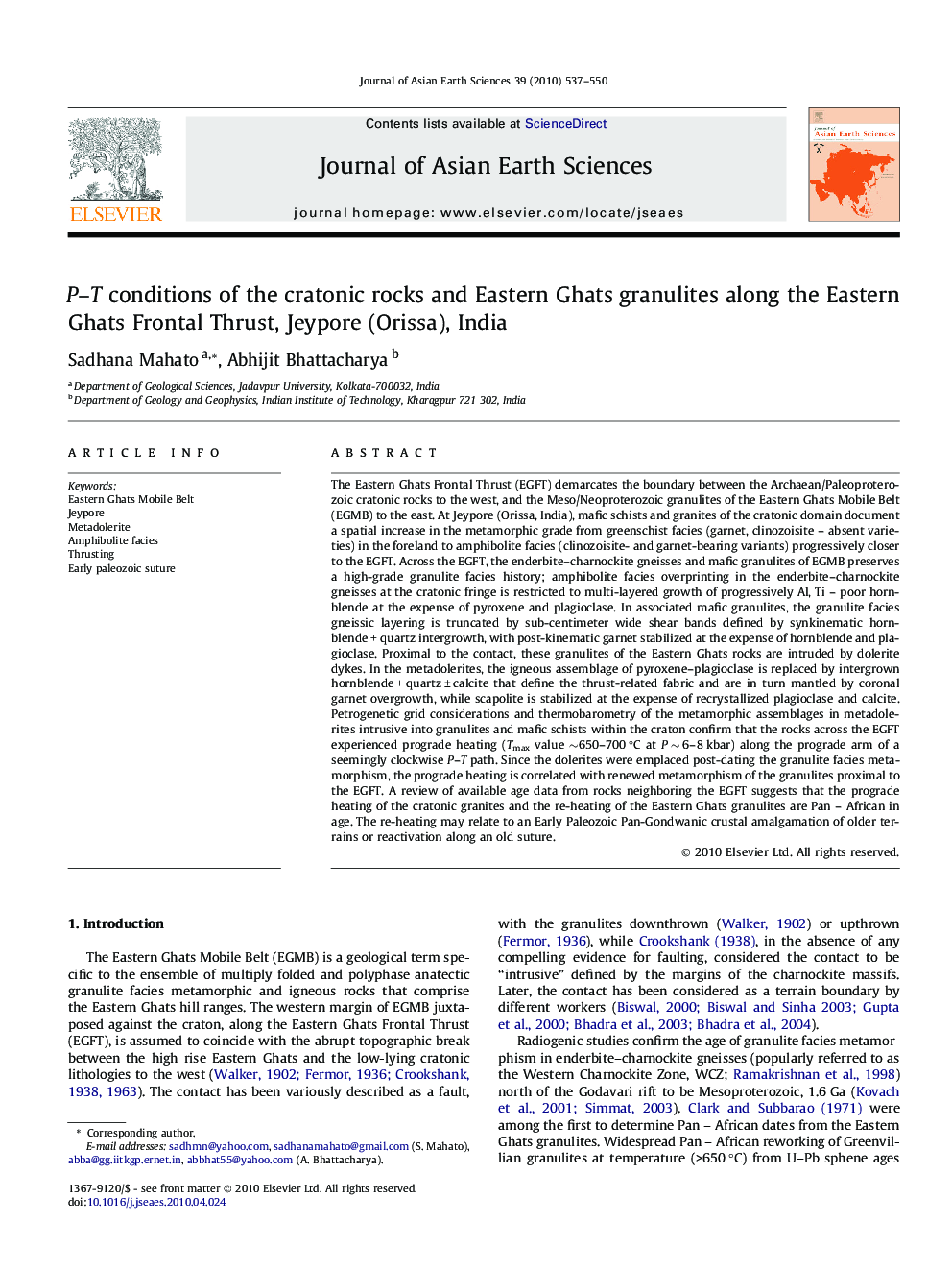 P-T conditions of the cratonic rocks and Eastern Ghats granulites along the Eastern Ghats Frontal Thrust, Jeypore (Orissa), India