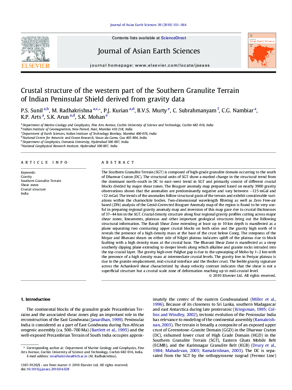 Crustal structure of the western part of the Southern Granulite Terrain of Indian Peninsular Shield derived from gravity data