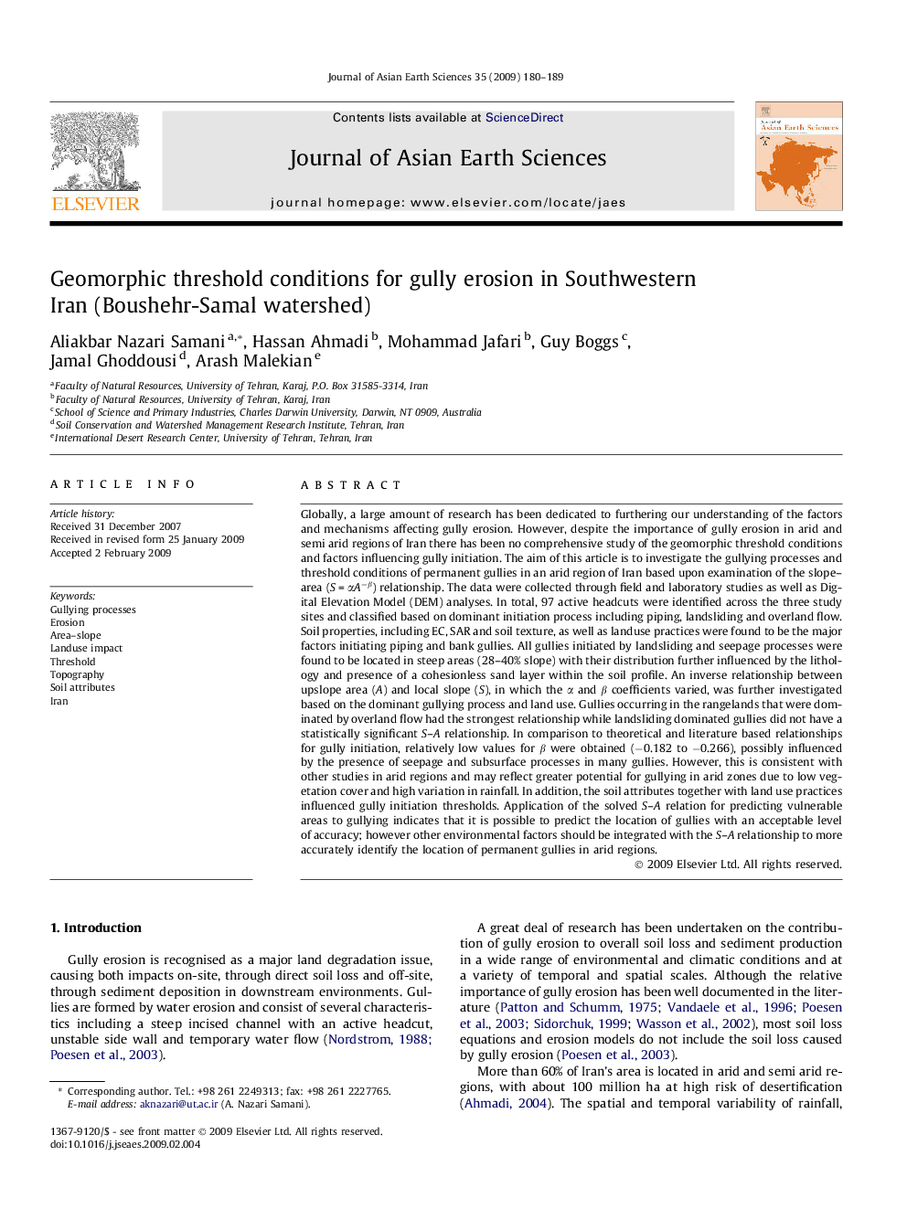 Geomorphic threshold conditions for gully erosion in Southwestern Iran (Boushehr-Samal watershed)