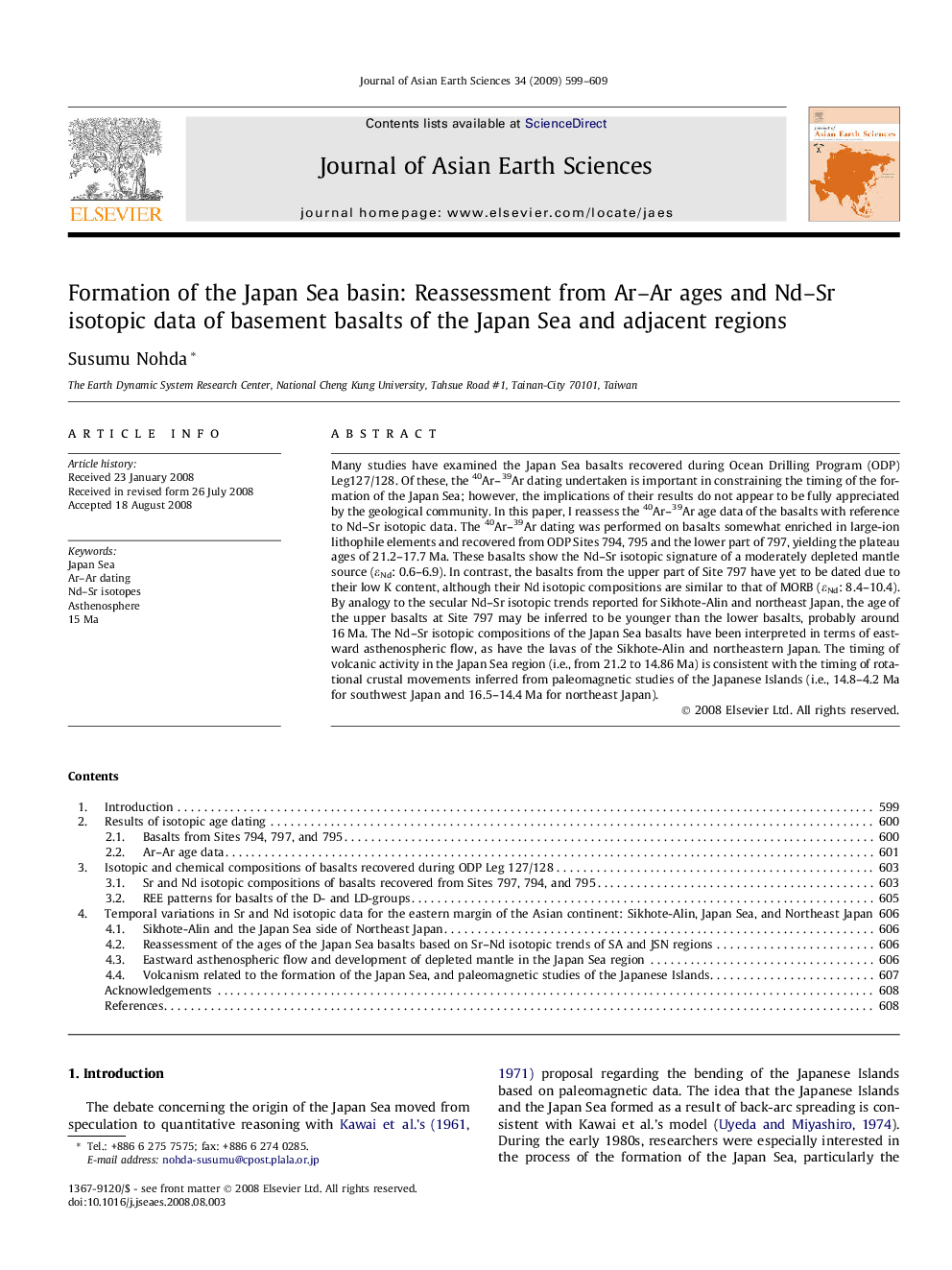 Formation of the Japan Sea basin: Reassessment from Ar-Ar ages and Nd-Sr isotopic data of basement basalts of the Japan Sea and adjacent regions