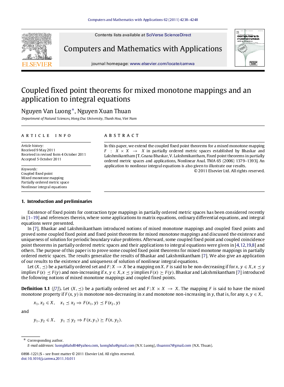 Coupled fixed point theorems for mixed monotone mappings and an application to integral equations