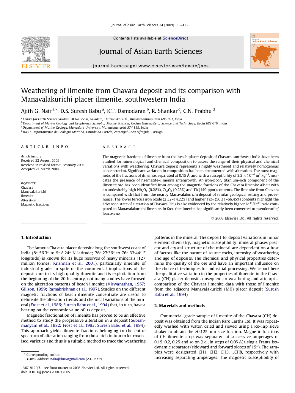 Weathering of ilmenite from Chavara deposit and its comparison with Manavalakurichi placer ilmenite, southwestern India