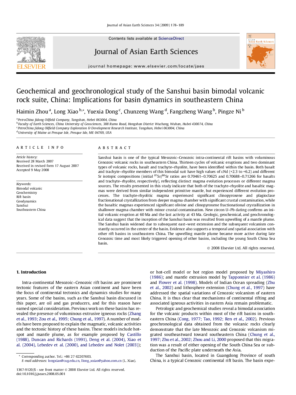 Geochemical and geochronological study of the Sanshui basin bimodal volcanic rock suite, China: Implications for basin dynamics in southeastern China